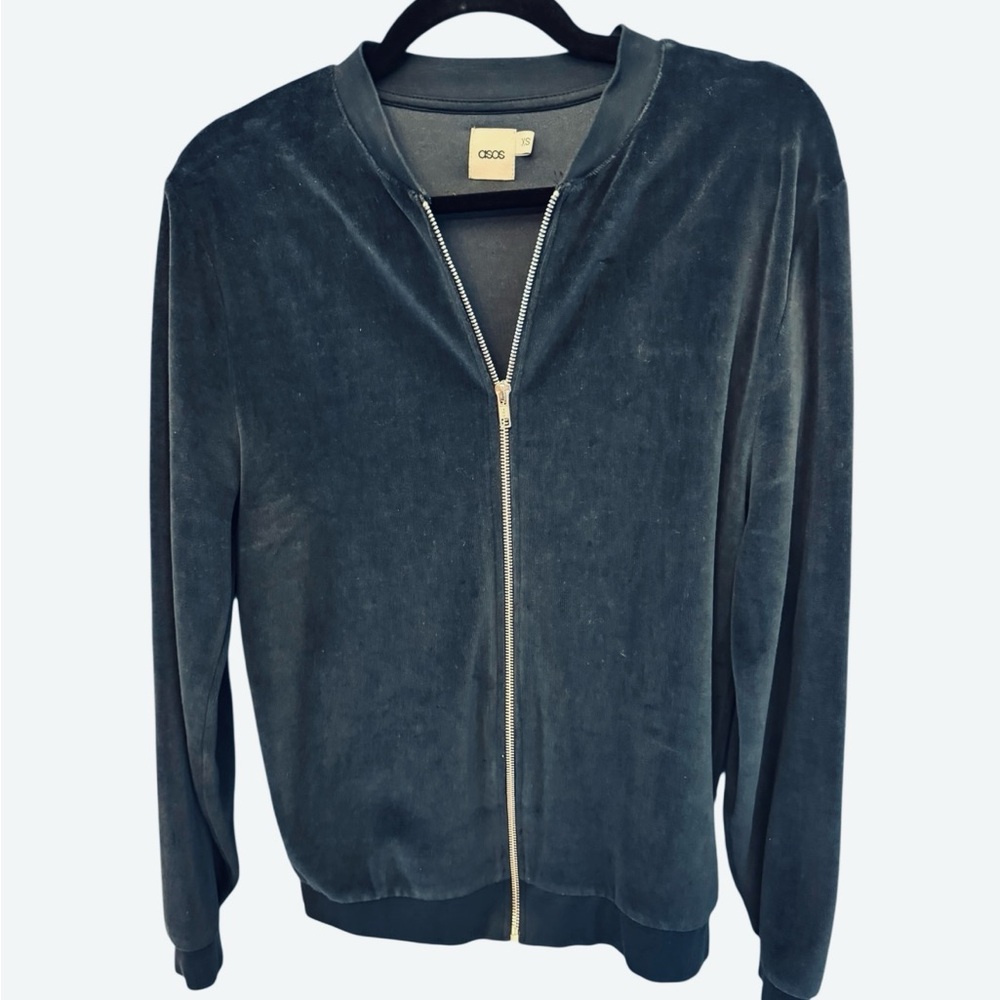 ASOS Navy Blue Velour Zip-Up Sweater with Ribbed Cuffs